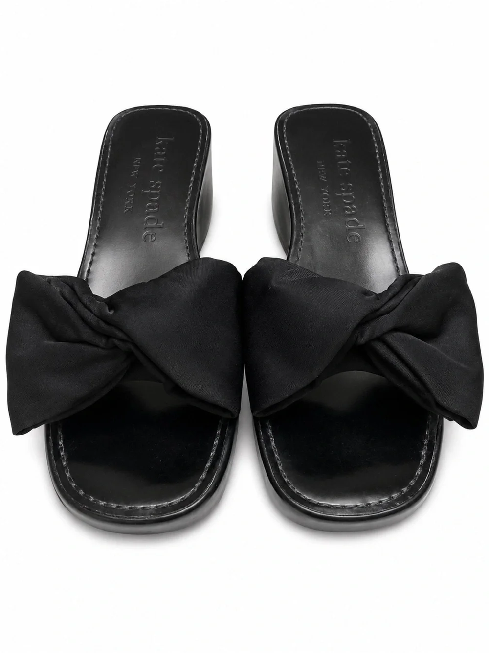 Kate Spade Bikini Wedges Sandals Slip On Black Bows Shoes glam chic